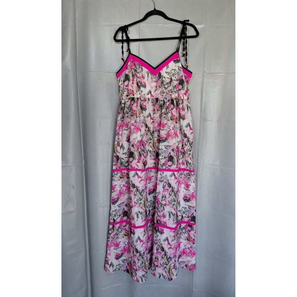Sweetheart Floral Tiered Maxi Dress‎ LG Tie Spaghetti Straps Pink & Black